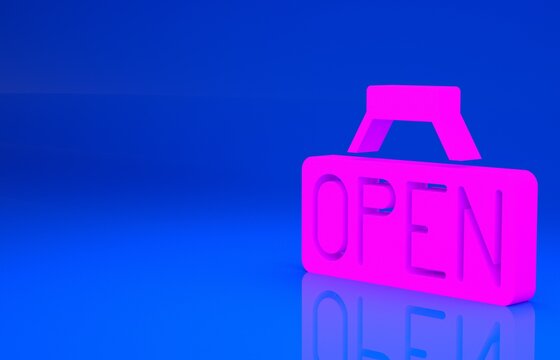 Pink Hanging sign with text Open door icon isolated on blue background. Minimalism concept. 3d illustration. 3D render..
