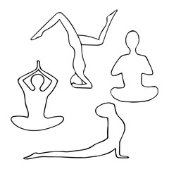 man practices yoga in lotus position, cobra, balance hand drawn in doodle style. vector, scandinavian, monochrome. set of elements for design sticker, card, poster, flyer. namaste, karma meditation