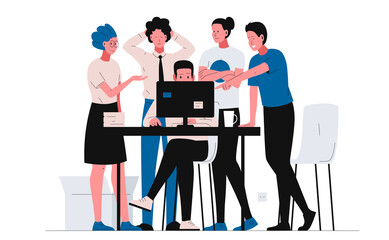 Teamwork office concept illustration. Group of people in the office gathered near the table, looking at the computer screen and discussing the details of the project. Designer working at the computer