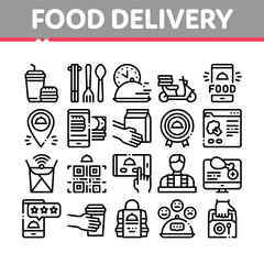 Aufkleber - Food Delivery Service Collection Icons Set Vector. Food Delivery Boy And Motorcycle, Online Order And Phone Application, Utensil And Nutrition Concept Linear Pictograms. Contour Illustrations