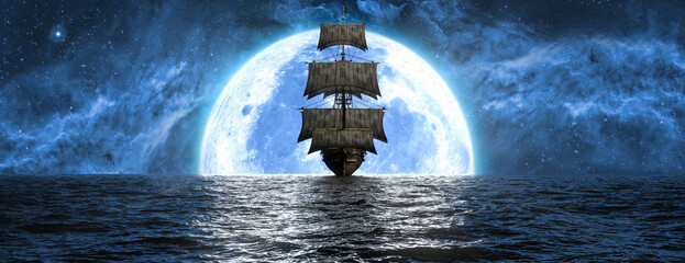 ship at sea against the background of the moon and the beautiful sky