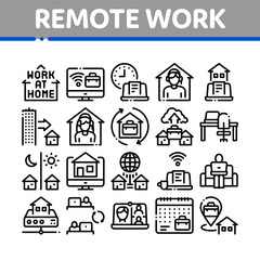 Poster - Remote Work Freelance Collection Icons Set Vector. Work At Home, Internet Job And Online Consultation Operator, Teleworking And Conference Concept Linear Pictograms. Contour Illustrations