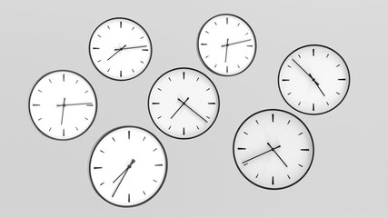 Poster - Clock animation, many objects with different times. Minimal white design on a gray background. 3D rendering