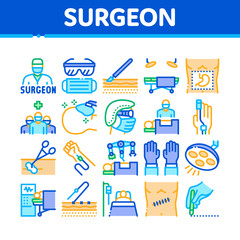 Wall Mural - Surgeon Medical Doctor Collection Icons Set Vector. Surgeon Facial Mask And Glasses, Scalpel And Forceps, Surgical Table And Lamp Concept Linear Pictograms. Color Contour Illustrations