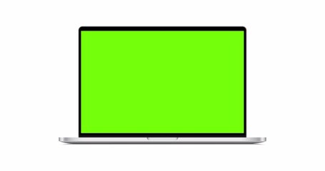 Wall Mural - laptop mockup with green screen, front view, isolated on white background. 4k animation with camera 