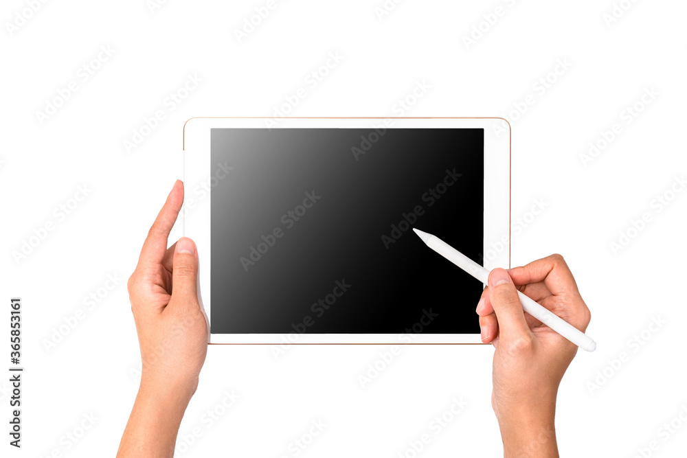 Technology Concept. Hands using Tablet with a digital pencil on white ...