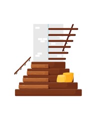 Modern staircase. Isolated wooden staircase with railing, seat and cushions icon. Vector home interior modern stair steps design. Architecture and climb concept