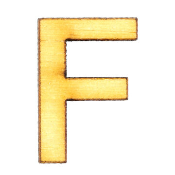 Letter F made of wood or plywood on a white background, isolate, english alphabet, close-up.