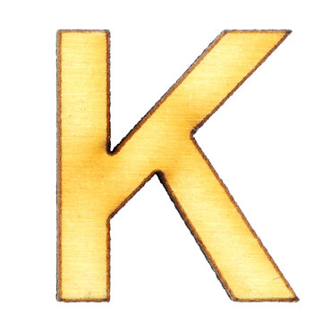 Letter K made of wood or plywood on a white background, isolate, english alphabet, close-up.