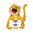 Flat vector cute tiger open mouth roar and text born to roar