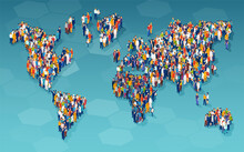 Vector Of A Large Group Of Diverse People Standing On A World Map