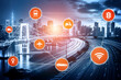 © InfiniteFlow - Smart transport technology concept for future car traffic on road . Virtual intelligent system makes digital information analysis to connect data of vehicle on city street . Futuristic innovation .