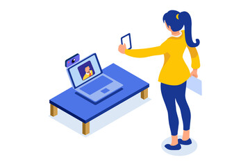 Concept of freelancer at home set. Working relaxed, work comfortable, set of workplaces with homes and characters. Freelancer woman on freelance concept. Isometric Illustration Vector Design.