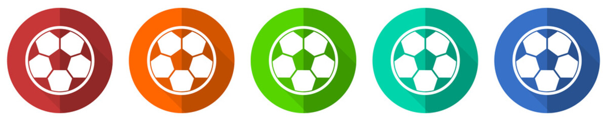 Fototapete - Football icon set, red, blue, green and orange flat design web buttons isolated on white background, vector illustration