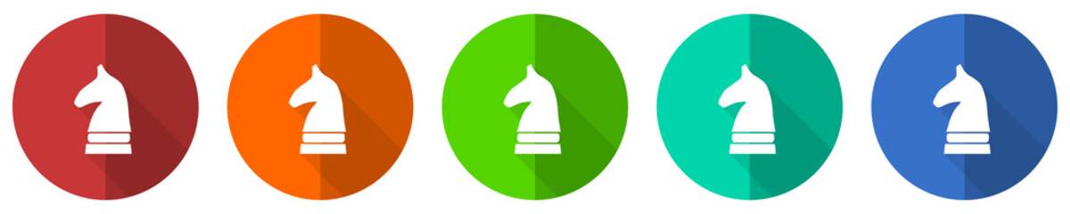 Fototapete - Chess horse icon set, red, blue, green and orange flat design web buttons isolated on white background, vector illustration