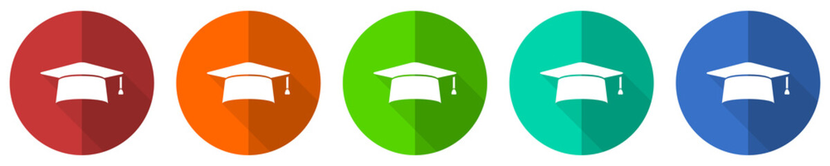Poster - Graduation icon set, cap, education, red, blue, green and orange flat design web buttons isolated on white background, vector illustration