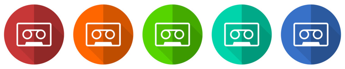 Aufkleber - Retro cassette tape, audio concept icon set, red, blue, green and orange flat design web buttons isolated on white background, vector illustration