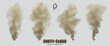 Dusty cloud or broun dry sand flying with a gust of wind, sandstorm, explosion realistic texture with small particles or grains of sand illustration 6 set isolated on transparent background. Vector.