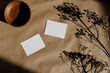 Top view of blank paper cards on a kraft paper. Mockup for business template.