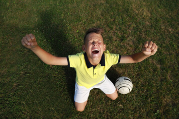Aufkleber - soccer player on the soccer field raised his hands up and shouts