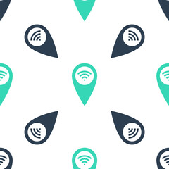 Poster - Green Pointer map with wifi internet signal connection icon isolated seamless pattern on white background. Vector.