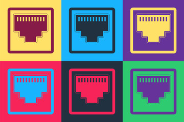 Poster - Pop art Network port - cable socket icon isolated on color background. LAN port icon. Ethernet simple icon. Local area connector icon. Vector.