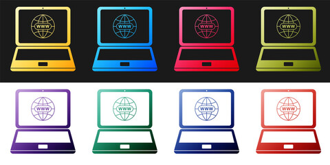 Poster - Set Website on laptop screen icon isolated on black and white background. Globe on screen of laptop symbol. World wide web symbol. Vector.