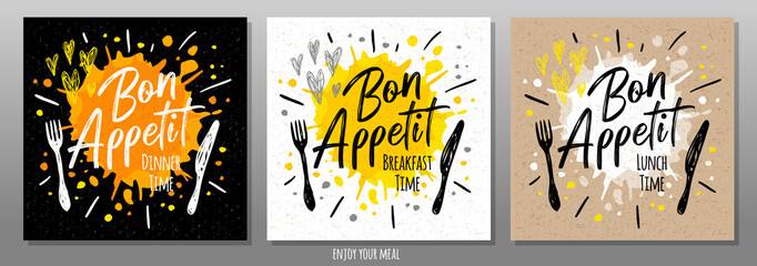 Bon Appetit, enjoy your meal, quote, phrase, food poster, splash, fork, knife. Lettering, sketch doodle style, sign. For menu, cafe restaurant lunch time breakfast dinner Vector illustration