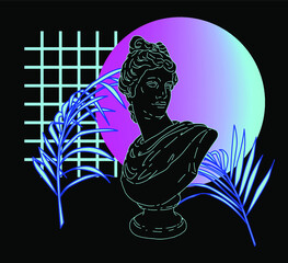 Aufkleber - Gypsum statue in neon pink and blue lightning. Classical sculpture in vaporwave retrofuturistic aesthetics style. Vector illustration.