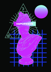 Aufkleber - Gypsum statue in neon pink and blue lightning. Classical sculpture in vaporwave retrofuturistic aesthetics style. Vector illustration.