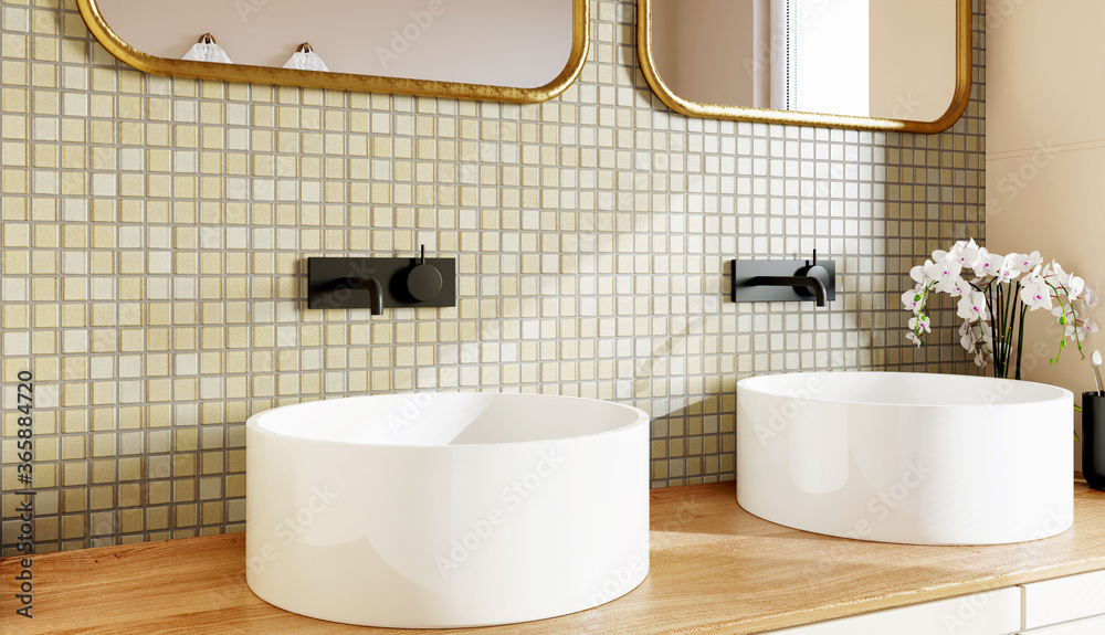 Corner of the bathroom with white and gold tiles, two mirrors and two round washbasins. Scandinavian style. 3d rendering