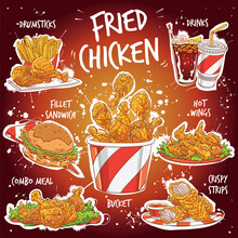 Hand Drawn Vector Set Of Fried Chicken Varieties.