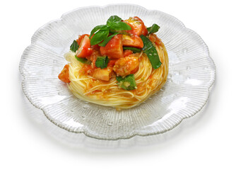 Wall Mural - summertime chilled style, capellini pasta with fresh tomatoes and basil