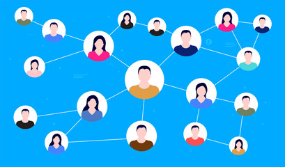 Poster - Social network connections - People avatars connected with lines on blue background. Business connection, social media and technology concept. Vector illustration.