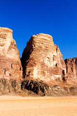 Wadi Rum know as Valley of the Moon, Jordan, Middle East. The desert was used as filming location to many movies. Nowdays it is a popular safari destination.