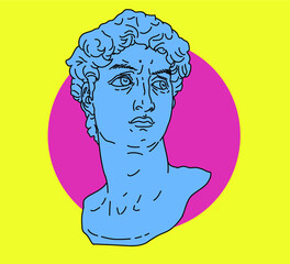 Cyberpunk and Vaporwave style line art illustration of Michelangelo's David head sculpture. Trendy fashion print for t-shirt, poster or cover.