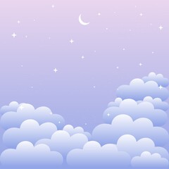  Sky and clouds background. Stylish design with a flat poster, flyers, postcards, web banners. Vector illustration. Pastel background with the clouds, stars and moon. White clouds set on the purple sky