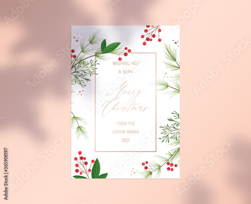 Fotomural Merry Christmas Card with Gold Typography, Botanical Floral Design of Holly Berr