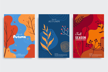 Wall Mural - autumn background collection in different styles. abstract banners with autumn forest, fallen leaves