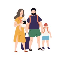 Wall Mural - happy travel family with baggage and hand luggage standing together vector flat illustration. smilin