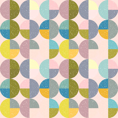 Aufkleber - Modern vector abstract seamless geometric pattern with semicircles and circles in retro scandinavian style. Pastel colored colorful shapes with worn out texture .