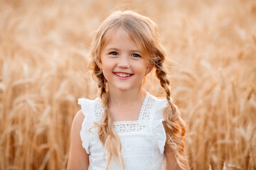 Little blonde girl walks in a summer wheat field