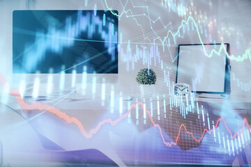 Wall Mural - Multi exposure of stock market chart drawing and office interior background. Concept of financial analysis.