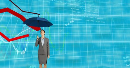 Poster - Graphs moving and data processing against businesswoman holding an umbrella
