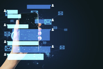 Poster - Hand holding smart phone with abstract coworking remote work interface.