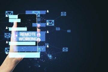 Poster - Man holding smartphone with abstract coworking remote work interface.