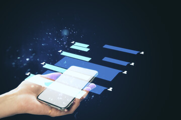 Poster - Hand holding mobile phone with coworking remote work interface.