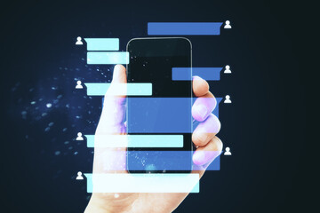 Poster - Hand holding phone with abstract remote work interface.