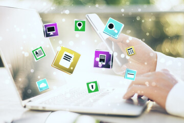 Poster - Hands holding cellphon using laptop