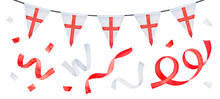 Water Color Illustration Set Of Festive Garland With Triangular Flag With St. George's Cross And Various Flying Ribbons. Hand Painted Watercolour Drawing, Cutout Clip Art Elements For Creative Design.